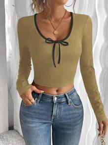 Chiquease Nuevas llegadas de Otoño/Invierno 2024 - Camiseta de cuello redondo ajustada y recortada de manga larga con lazo de color block