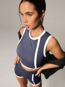 Athîral 2pcs Women Casual Crew Neck Cropped Tank Top And Shorts Set - Grey - View 5