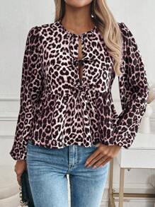 SHEIN Unity Leopard Print Ruffle Front Tie Waist Long Sleeve Women Shirt Peplum Top - Multicolor - View 3
