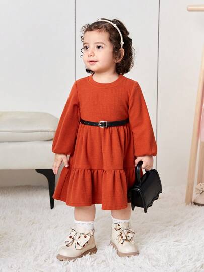 SHEIN Baby Girl Round Neck Lantern Sleeve Ruffled Hem Solid Color Cute Dress, Autumn