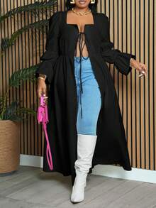 Slaydiva 大码秋季甜美休闲女式大码纯白色低胸性感加长衬衫上衣长款女式连衣裙秋装长袖 - 黑色 - 查看 4