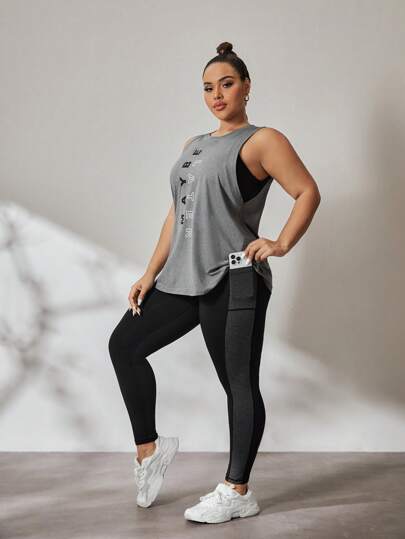 SHEIN Rhythm Era Plus Size Solid Color Letter Print Round Neck Tank Top And Contrast Color Pants Sports Suit, Summer Workout Women Set