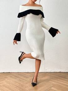 Chiquease Contrast Color V-Neck Ribbed Knit Elegant Long Sleeve Dress Fall Cloth For Women - Black and White - View 4