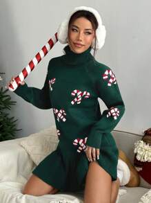 EMERY ROSE Women Christmas Warm & Comfy Candy Cane Print Lantern Sleeve Flared Hem Cute Sweater Dress Clothes - Army Green - View 5