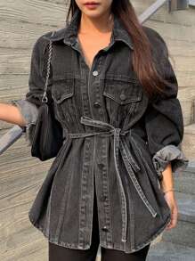 DAZY Women Distressed Washed Loose Fit Split Hem Casual Jeans,Fall Clothes,Jeans Jacket Long Sleeve Women - Dark Grey - View 7