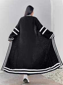 Elenzga Cárdigan largo informal de talla grande con bloques de color y rayas, otoño/invierno - Negro - Ver 2