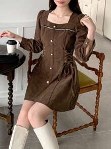 DAZY Women Short Corduroy Dress, Autumn/Winter,Fall Women Clothes Long Sleeve Dress - Brown - View 1