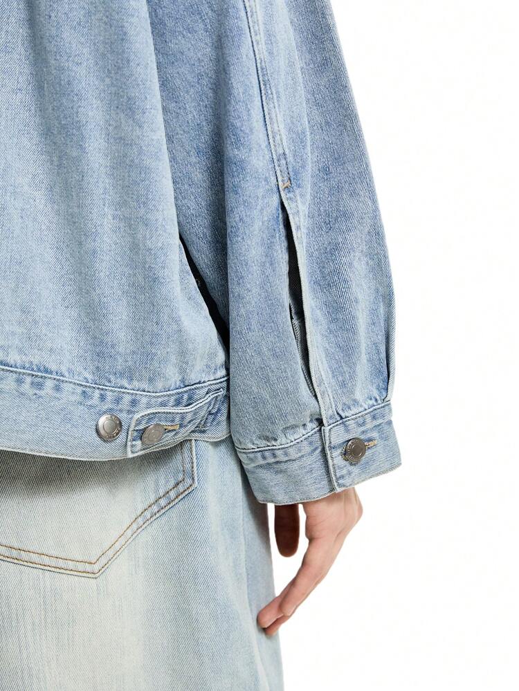 Men's Blue Cotton Denim Long Sleeve Loose Fit Reflective Letter Print Jacket