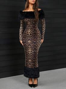 SHEIN SXY Sexy luipaardprint patchwork pluizige warme lange jurk voor dames, herfst/winter