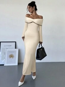 Firerie 女士拼色露肩修身长款鱼尾连衣裙，性感优雅 - 杏色 - 查看 5