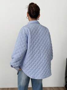 SHEIN Unity 条纹休闲宽松夹棉常规夹克，秋冬 - 藍色 - 查看 2