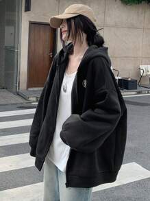 DAZY 女士休闲字母印花保暖内衬连帽衫运动衫，秋冬，长袖上衣，秋季女装拉链夹克 - 黑色 - 查看 5