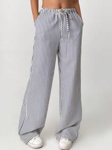 SHEIN Tall Striped & Printed Casual Daily Wear Women Spring/Summer Long Pants - Blue - View 1