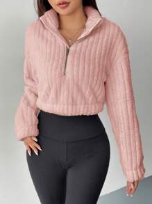 SHEIN EZwear 秋冬半拉链落肩短款卡其色卫衣、长袖上衣 - 粉色 - 查看 4