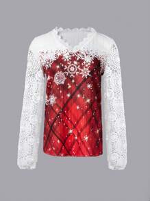 SHEIN Clasi Autumn New Snowflake Plaid Print Ruffle Patchwork Long Sleeve Women Shirt Fall Cloth For Women