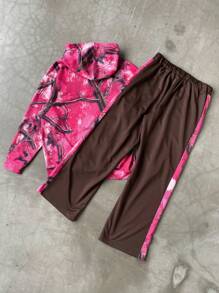 Manfinity EMRG Men's Casual Branch Print Hooded Sweatshirt And Sweatpants Set - Hot Pink - View 2