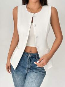 SHEIN PETITE Solid Round Neck Button Front Vest Blazer In Fall/Winter - White - View 7