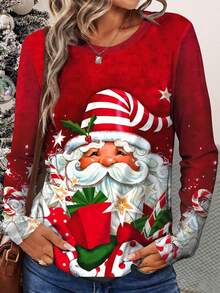 INAWLY T-shirt à manches longues pour femmes en grande taille avec imprimé cadeau et étoile de Noël du Père Noël. T-shirts graphiques pour femmes, hauts pour tenue de printemps - Multicolore - Voir 3