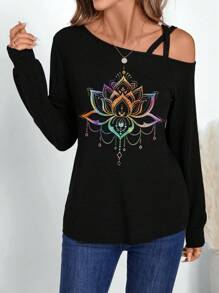 SHEIN LUNE 1 chiếc áo thun dài tay thường ngày họa tiết hoa sen nhiều màu cổ điển dành cho nữ, tay rộng có cổ, mùa xuân/hè - màu đen - Xem 5