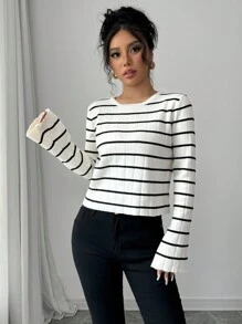 SHEIN Unity Women's Crew Neck Long Sleeve Simple Casual Striped Knit Sweater, Knit Pullover Fall Winter - Black and White - View 4