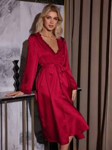 Lace Patchwork Women Lingerie Set - Burgundy - View 6