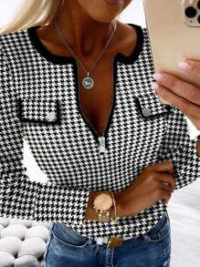 Chiquease Áo thun dài tay họa tiết răng sói thanh lịch quyến rũ dành cho nữ - Đen và trắng - Xem 1