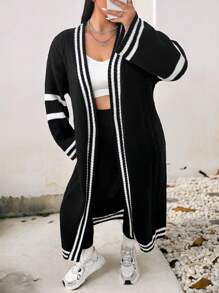 Elenzga Cárdigan largo informal de talla grande con bloques de color y rayas, otoño/invierno - Negro - Ver 7