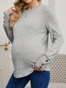 SHEIN Casual Comfortable Crew Neck Long Sleeve Button Design Maternity T-Shirt - Grey - View 3