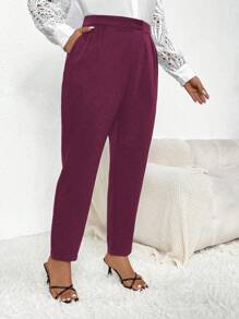 SHEIN Clasi Quần ống côn xếp ly màu trơn cỡ lớn thường ngày, mùa thu - Màu Đỏ Sâu - Xem 5