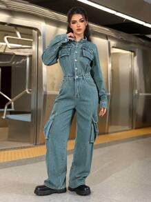 SHEIN EZwear Women's Solid Color Front Button Pocket Casual Long Sleeve Denim Jumpsuit - Blue - View 6