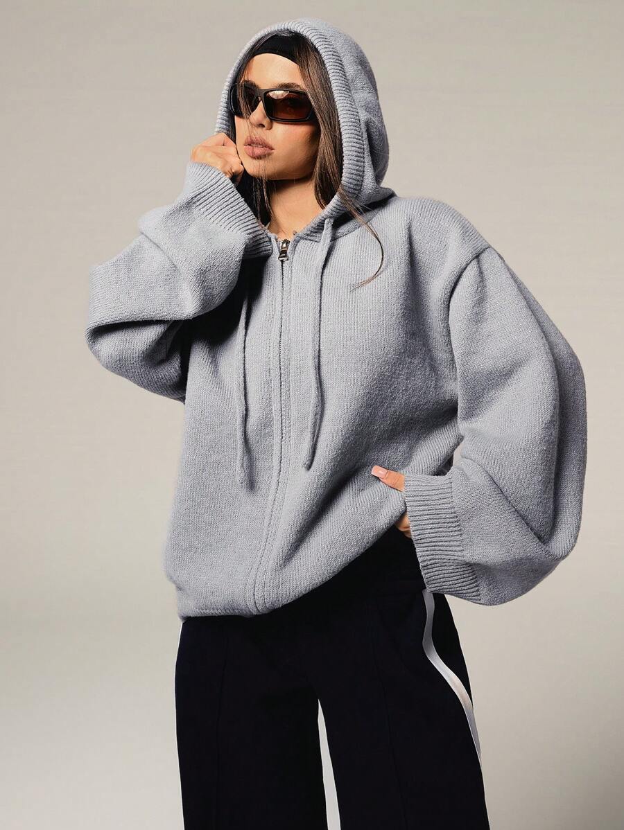 Athîral 女士休闲纯色抽绳连帽开衫，秋冬款 - 灰色 - 查看 1