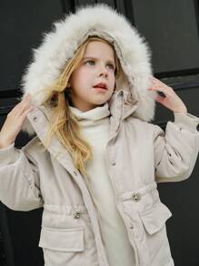 年轻女孩休闲户外功能性派克大衣，带羊毛帽领，厚实保暖，防风，收腰，多个口袋，中长外套，适合冬季和户外活动。内层采用厚毛绒制成，保暖性好，可与任何薄内衣搭配。 - 杏色 - 查看 3