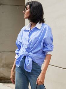 EMERY ROSE 时尚宽松超大男友风贴花设计条纹长袖衬衫 - 藍白色 - 查看 4