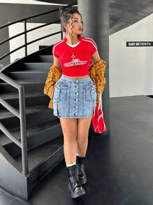SHEIN ICON Váy mini denim co giãn ôm sát cơ thể gợi cảm cỡ lớn, màu xanh - Rửa nhẹ - Xem 3