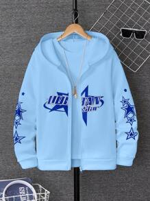 青少年男孩休闲日常字母和星星印花拉链连帽衫，秋季