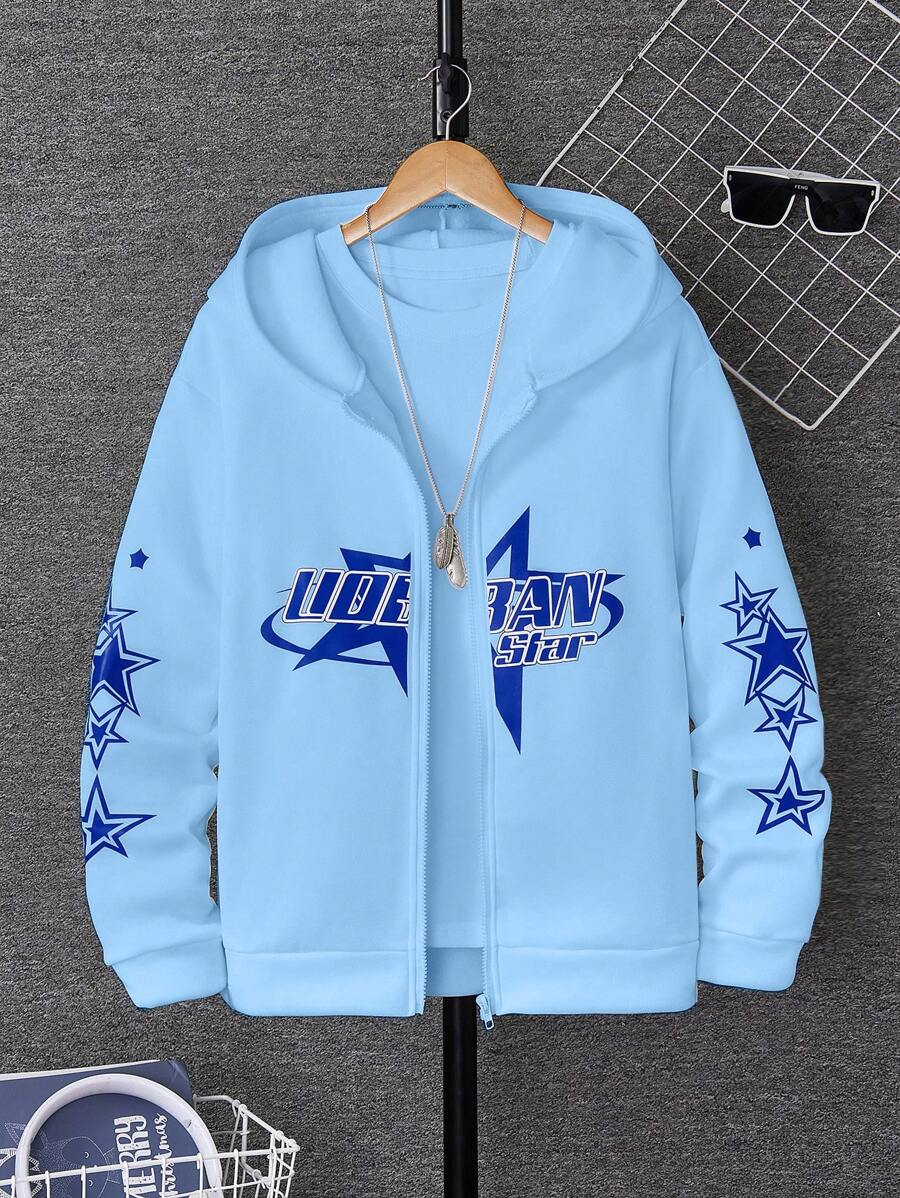 青少年男孩休闲日常字母和星星印花拉链连帽衫，秋季