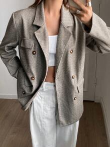 DAZY Women's Herringbone Double Breasted Lapel Collar Loose Long Sleeve Pocket Blazer, Fall Women Clothes Business Attire - Brown - View 6