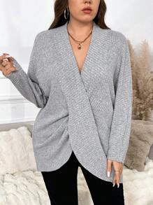 SHEIN Frenchy Tricou cu mânecă lungă cu decolteu în V și ocazional de mărime plus - Maro - Vizualizare 6