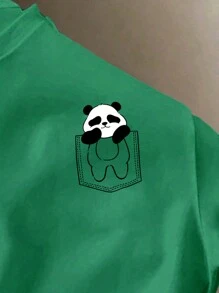 Claim Dot 男士夏季短袖休閒T恤，綠色標準碼，卡通熊貓圖案印花