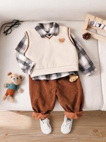 SHEIN Leap Crew 3 件套男婴/女婴服装，包括棕熊装饰保暖背心、绅士复古格子衬衫和灯芯绒裤子，适合上学、居家和外出、秋冬季 - 彩色 - 查看 1