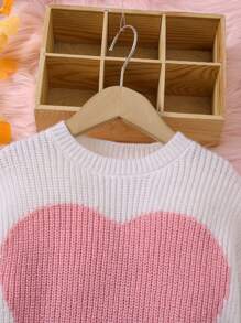 Young Girls & Toddler Girls Round Neck Heart Jacquard Textured Knit Sweater, 
Suitable For Casual Everyday Wear With Certain Warmth, Mom And Daughter Matching,Sister And Me Matching,Outfits , Sport Style ,Great For Casual & Daily Wear & School Daily In Autumn & Winter - White - View 3
