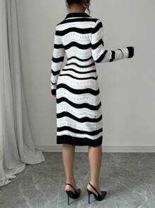 Elenzga فستان كنزة بأكمام طويلة مريح للاستخدام اليومي ذو طباعة مخطط - الأسود - مشاهدة 2