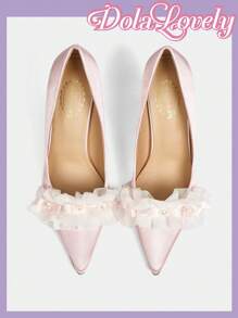 Dola Lovely Women's High Heel Pumps Lolita Style Plain Pink Bow & Floral 3D Pointed Toe Backless Sandals - Pink - View 6