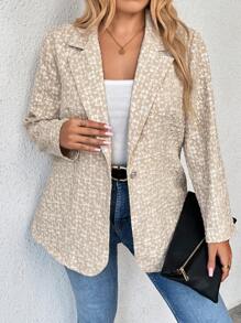 Plus Size Front Button Jacquard Elegant Long Sleeve Blazer - Grey - View 5