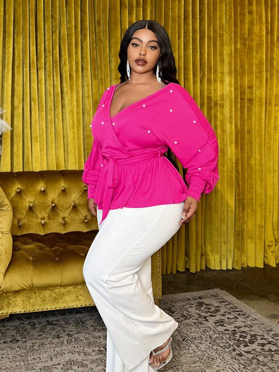 Slaydiva 大码优雅 V 领交叉腰 A 字形连衣裙，带系带细节和珍珠装饰，玫瑰红色，适合秋冬季