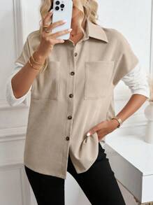 Chiquease Detachable Knit Patterned Corduroy Loose Shirt - Multicolor - View 6