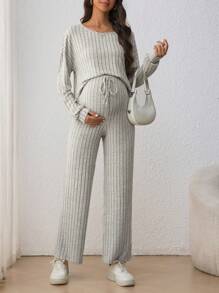 SHEIN 2pcs Maternity Casual Set: Round Neck Long Sleeve T-Shirt & Adjustable Drawstring Waist Bow Tie Wide Leg Pants, Pregnancy Outfit