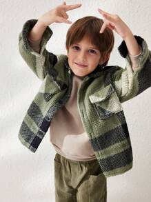 Blossori 小男孩格子落肩宽松泰迪毛边口袋夹克，秋冬 - 綠色 - 查看 6