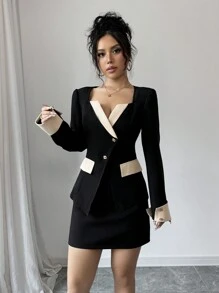 Elenzga 1 chiếc áo khoác blazer màu tương phản cài đơn mùa thu dành cho nữ - Nhiều màu - Xem 6