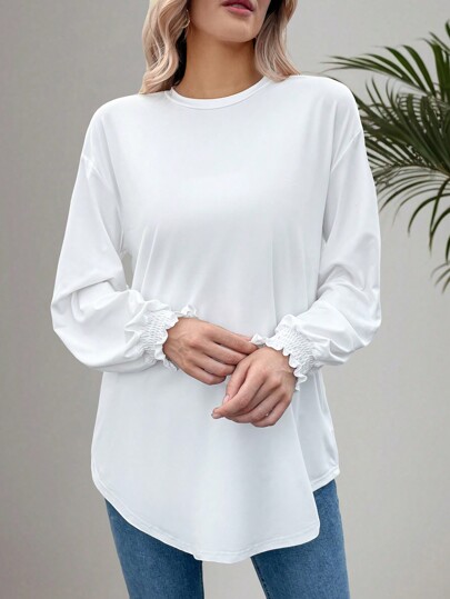 EMERY ROSE Solid Color Turn-Down Collar Long Sleeve T-Shirt Fall Cloth For Women